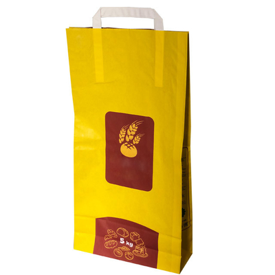 Los bolsos de empaquetado de papel de Kraft de la harina de trigo del OEM modificaron la impresión para requisitos particulares de la manija lateral del escudete